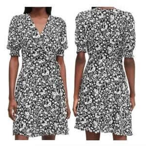 Banana Republic Black & White Floral Print Wrap Dress